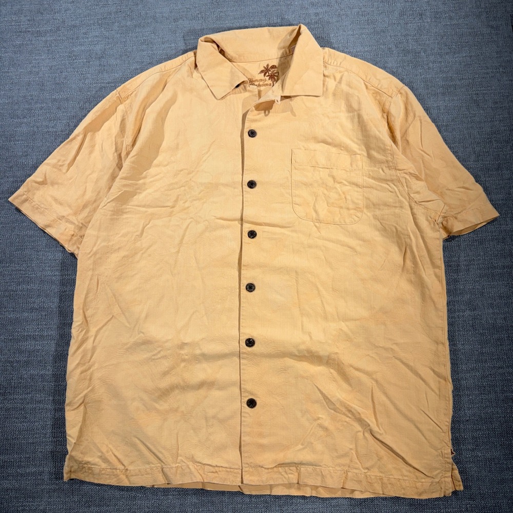 Tommy Bahama Silk Button Up Shirt Mens L Orange Good Tropical Palm Jacquard